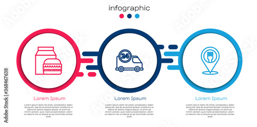 Set line Online ordering and burger delivery, Fast by car and Cafe restaurant location. Business infographic template. Vector.