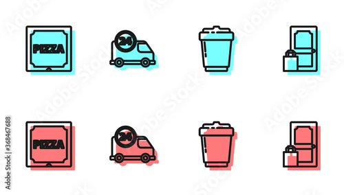 Set line Coffee cup to go, Pizza in cardboard box, Fast delivery by and Online ordering and icon. Vector.