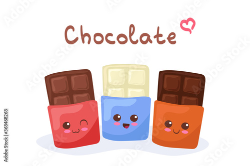Kawaii vector illustration of Chocolate bars isolated on white background. White, Dark & Milk Choco. Cute funny & happy food characters. Cartoon smiling chocolate bar for kids menu with lettering.