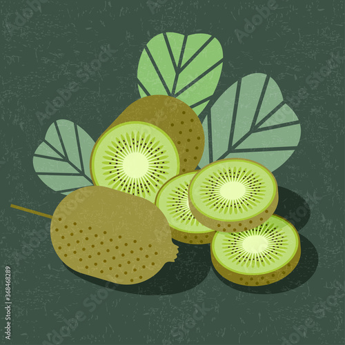 Kiwi fruit for poster or packaging. Whole and sliced kiwi fruits with leaves on shabby background. Original simple flat illustration. Shabby style.