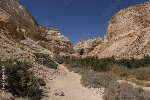 Ein Avdat National Park entrance into the deep canyon, carved by Zin streem, located at the foot of Midreshet Ben Gurion in Kibbutz Sde Boker, Negev desert, Israel.