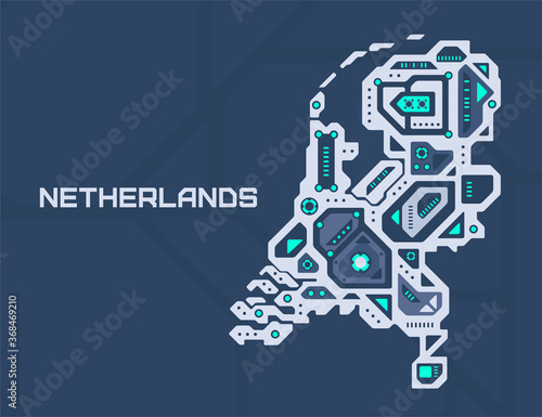 Abstract futuristic map of Netherlands. Mechanical circuit of the country. Technology space background.