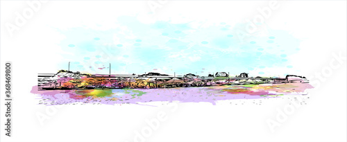 Building view with landmark of Alapuzha is a city on the Laccadive Sea in the southern Indian state of Kerala. Watercolor splash with Hand drawn sketch illustration in vector.