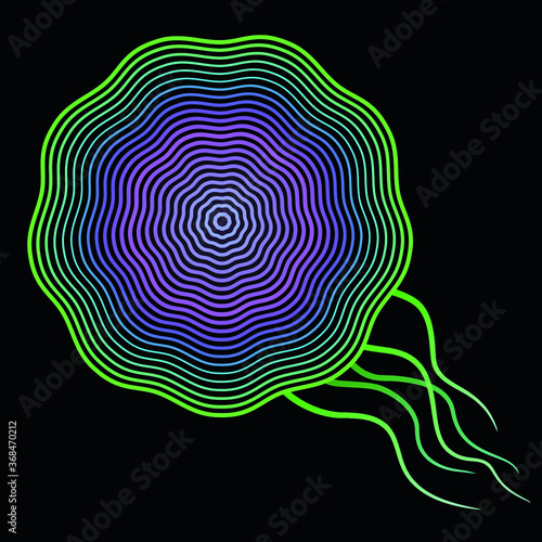 Abstract graphics sound waves, psychedelic music. Linear drawing  jellyfish on black background