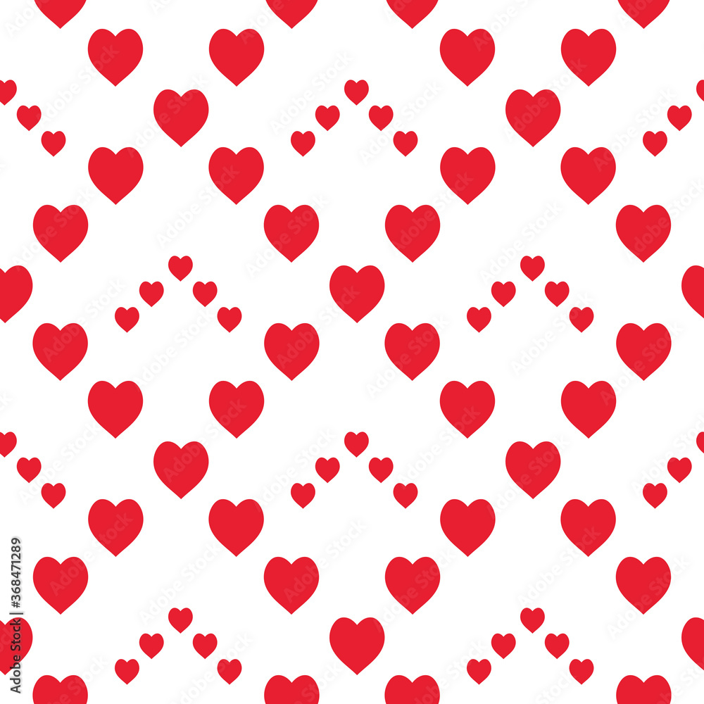 Seamless pattern with bright red hearts on white background. Vector image.