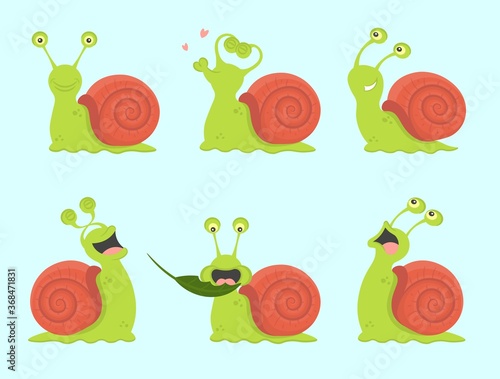 Set of cute cartoon snails. Cute, in love, laughing, frightened, hungry, running. Vector illustration.