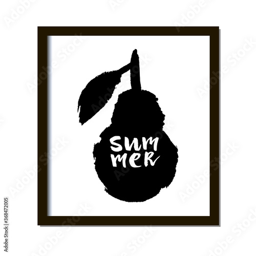 Poster with hand drawn pear on white background. Summer lettering. Rough texture.