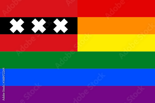 flag of amsterdam with rainbow flag. proportion 2:3 