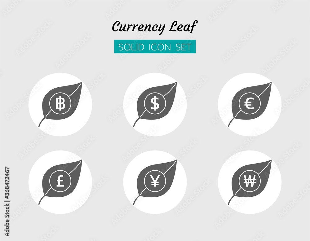solid icon symbol set, business currency leaf baht, Yen, Won, pounds, Euro, dollar, Isolated flat vector design