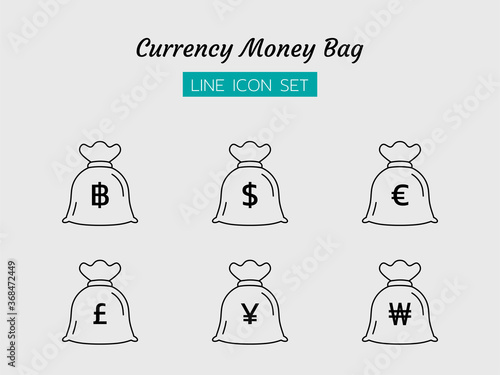 line icon symbol set, business currency money bag baht, Yen, Won, pounds, Euro, dollar, Isolated flat outline vector design