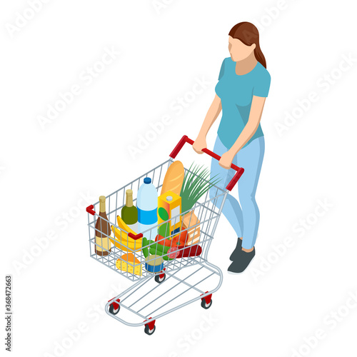 Shopping cart full of food. Woman pushing supermarket shopping cart full of groceries. Isometric illustration isolated on white background. Front view