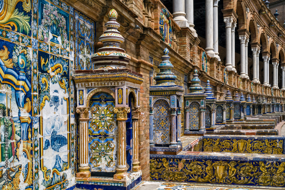 The tiled walls of Plaza de Espana. Seville. Spain