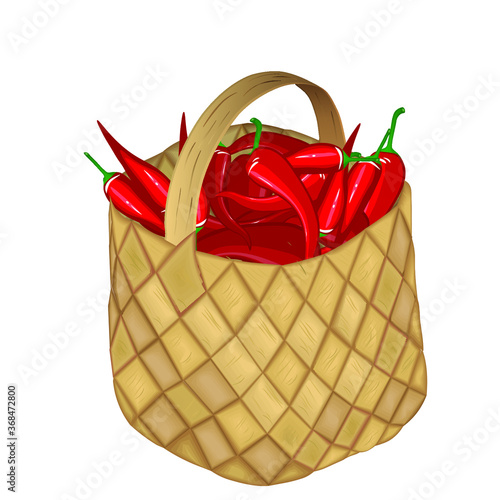 Full wicker basket with Red pepper on a white background. Vector illustration