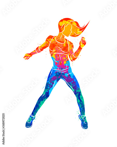 Abstract fitness instructor. Young woman zumba dancer dancing fitness exercises. Hip hop dancer from splash of watercolors. Vector illustration of paints photo