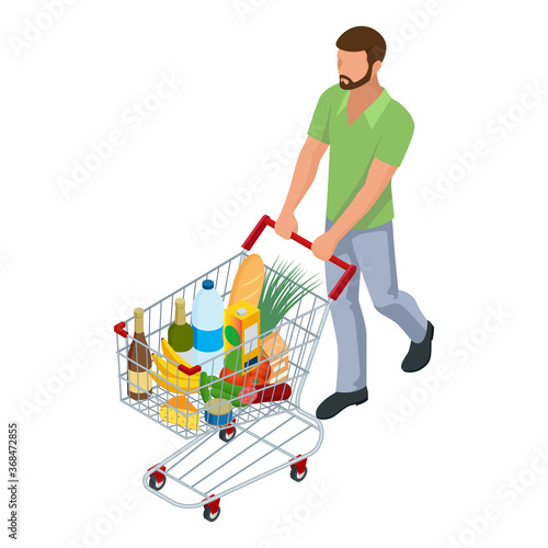 Shopping cart full of food. Man pushing supermarket shopping cart full of groceries. Isometric illustration isolated on white background. Front view