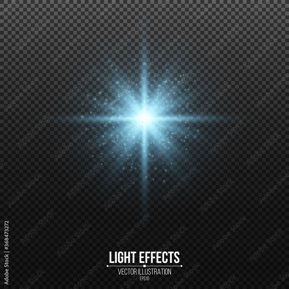 Shining blue star with glitters isolated on a dark transparent background. Glowing dust. Glittering elements. Vector illustration