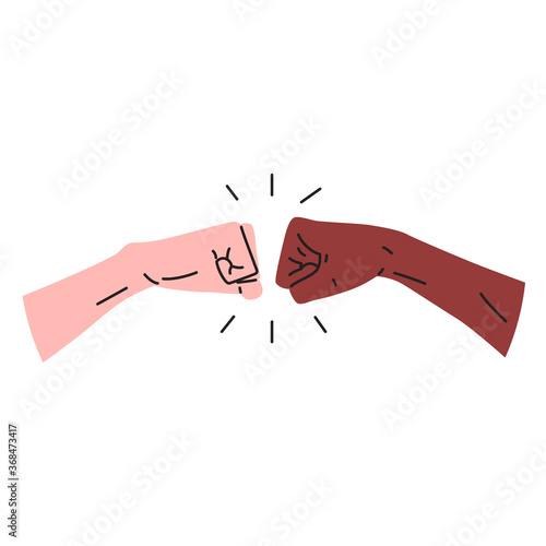 Fist bump icon. Vector illustration of two hands giving a fist bump for great work. Black and white interracial hands bumoing fists. Concept of teamwork, partnership, friendship, spirit hands gesture