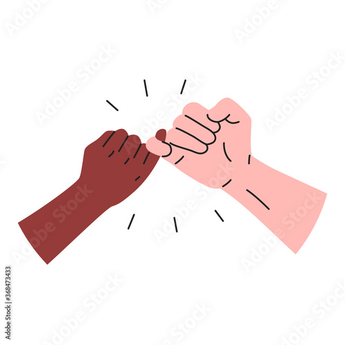 Hooking little fingers icon. Vector illustration of black and white interracial hands holding little fingers. Concept of promise, friendship sign
