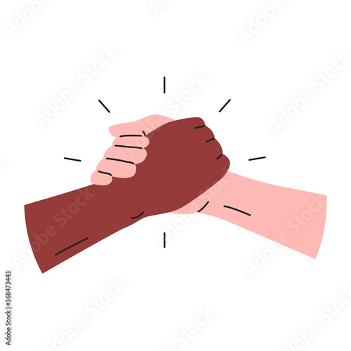 Strong hanshake icon. Vector illustration of two muscular hands making a sport style handshake. Black and white interracial hands handshaking
