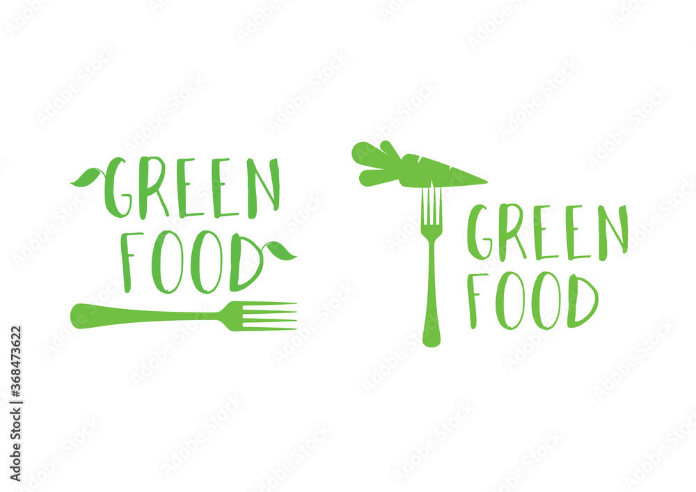 Modern green food fresh symbol with fork icon set vector. Healthy food ...