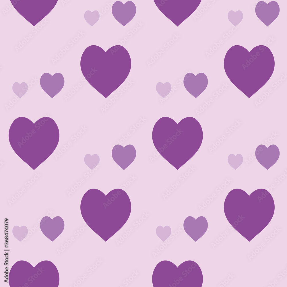 Seamless pattern with simple purple hearts on light pink background. Vector image.