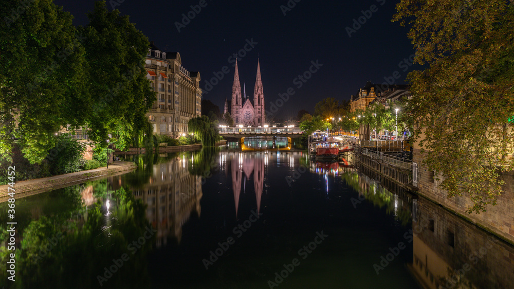 Alsatian architecture Reflection at night in Strasbourg in France