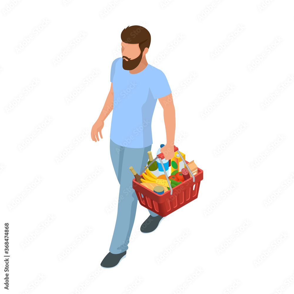 Man with grocery basket cart from supermarket on white isolated background. Isometric shopping market basket with variety of grocery products Man with grocery basket cart from supermarket on white isolated background. Isometric shopping market basket with variety of grocery products
