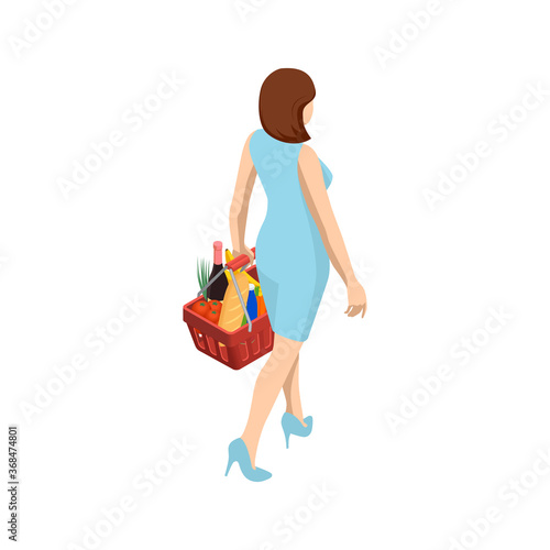 Woman with grocery basket cart from supermarket on white isolated background. Isometric shopping market basket with variety of grocery products Back view.