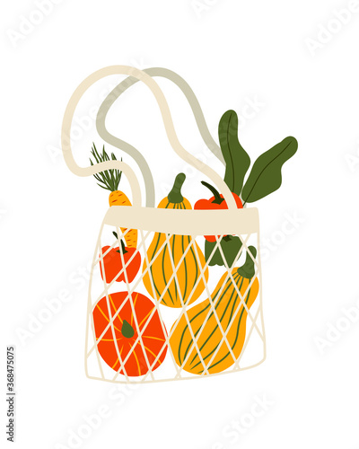 Hand drawn elements of zero waste life in vector. Eco style. No plastic. Go green. Hand draw doodle illustration with elements of zero waste life. Shopping bag with food. Eco life style without plasti