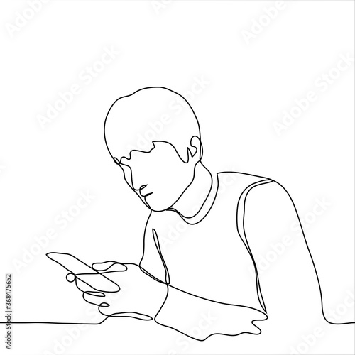 man sits at a table in his hands a phone which he holds with both hands and looks into it. One continuous line art concept of being online, typing message, reading news, checking email, surfing online