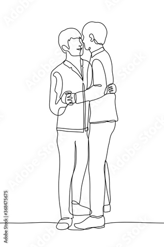 men are dancing a slow dance. One continuous line art couple of newlyweds (grooms) in suits and shirts stand close to each other and dance the first marriage dance