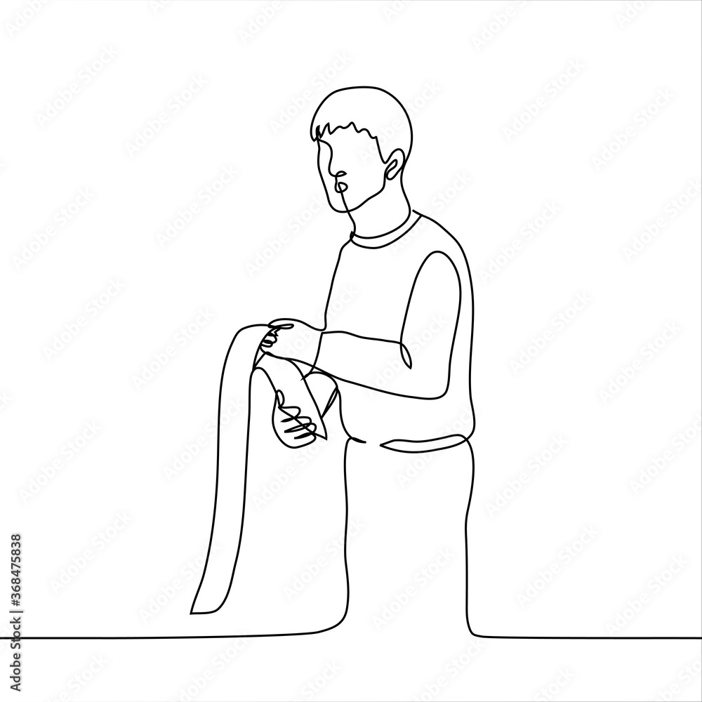 shocked man holding a sheet of molded paper. One continuous line drawing of a guy holding a long instruction / big check / multi-page cheat sheet