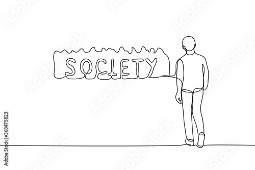 person in full height walks towards the crowd, inside the crowd lettering is society. One continuous line art concept of outcast man and society. The outsider tries to be approved and accepted