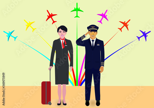 airlines with captain and flight attendant drawing in cartoon vector
