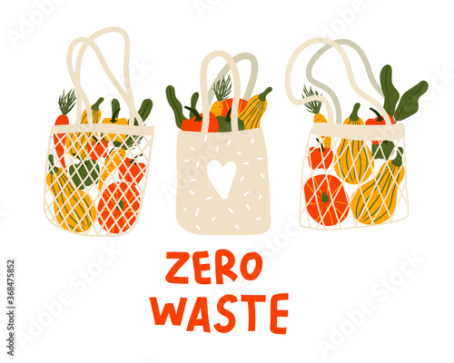 Hand draw doodle illustration with elements of zero waste life. Shopping bag with food. Eco life style without plastic.