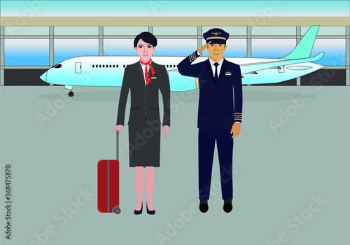 airlines with captain and flight attendant drawing in cartoon vector