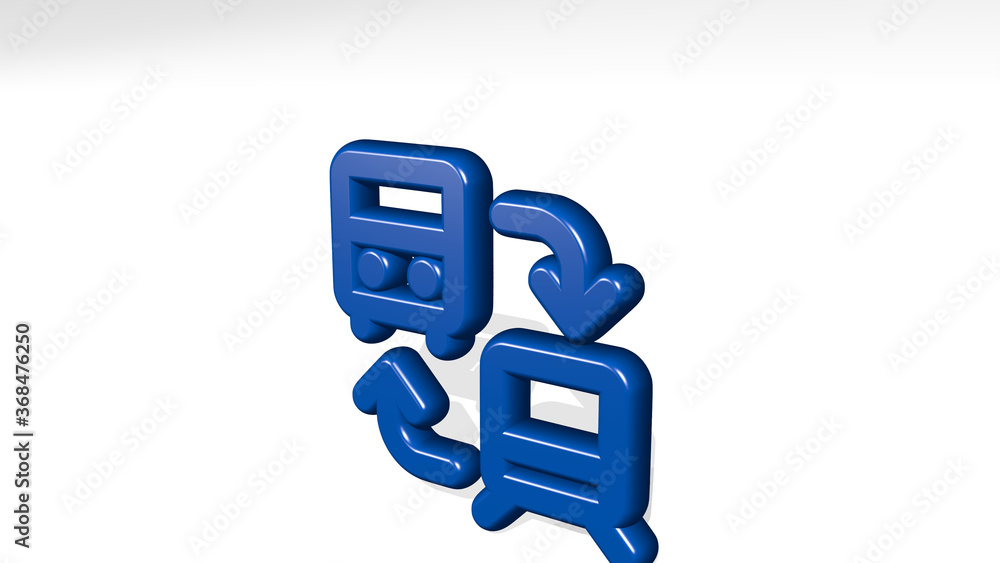 TRANSPORTATION TICKET BUS TRANSFER stand with shadow. 3D illustration of metallic sculpture over a white background with mild texture. icon and car TRANSPORTATION TICKET BUS TRANSFER stand with shadow. 3D illustration of metallic sculpture over a white background with mild texture. icon and car