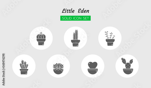 solid icon symbol set, growth little cactus plant, succulent, pot, Isolated flat outline vector design