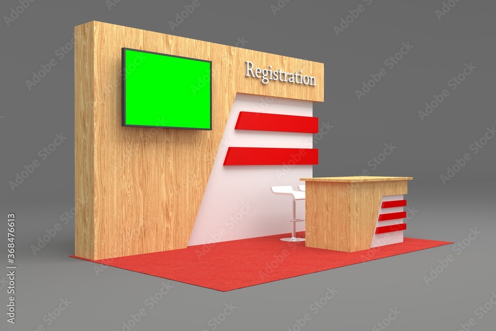 3d illustration stand booth registration with backdrop wood texture LED