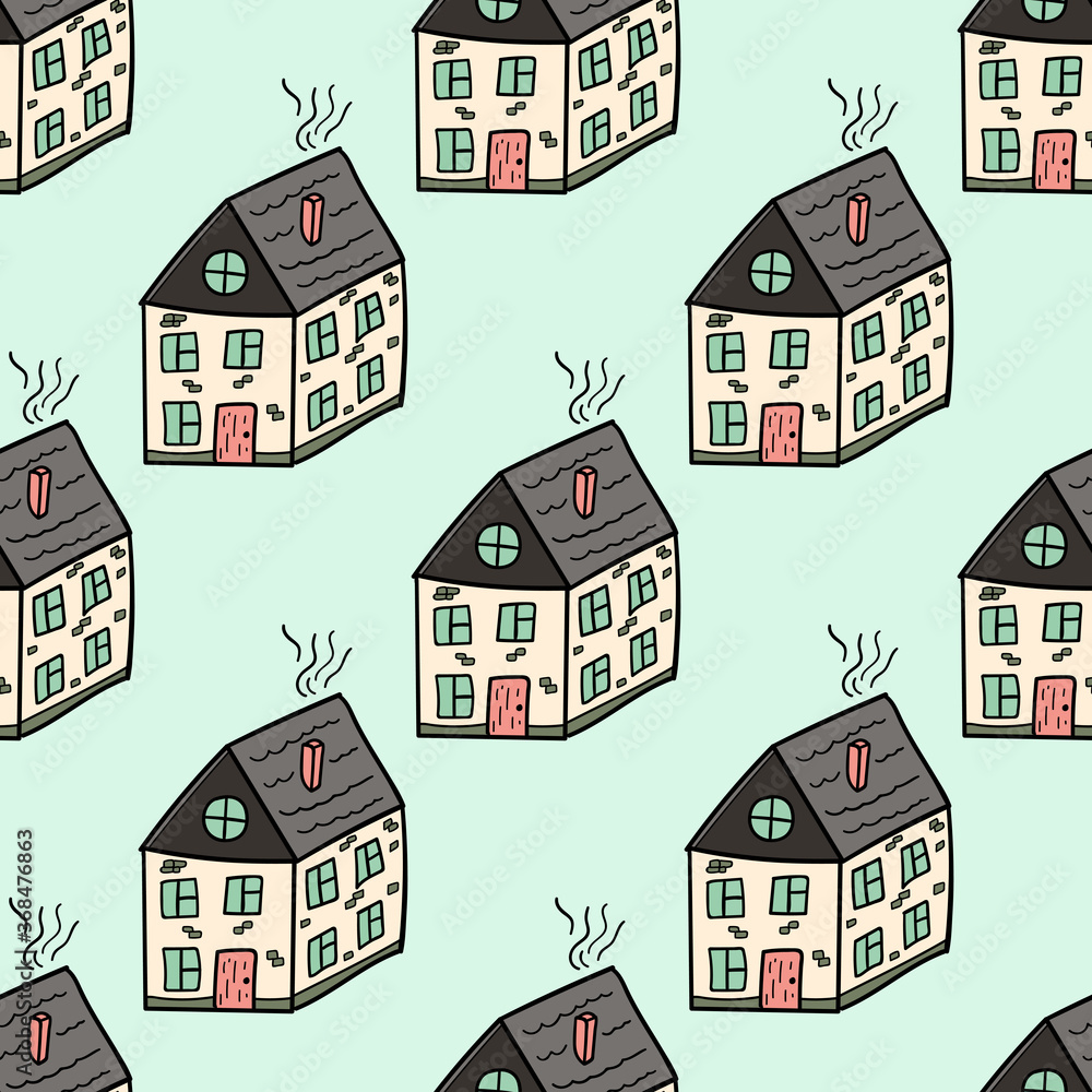 Cartoon doodle linear house seamless pattern. Building infinity background. Town, city backdrop. Vector illustration.     