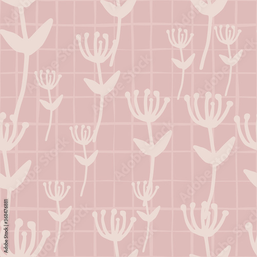 Seamless naive pattern with light pink pale background with check. Random flowers ornament. © smth.design