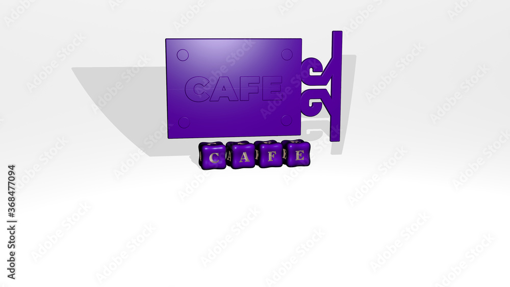 Obraz premium 3D illustration of CAFE graphics and text made by metallic dice letters for the related meanings of the concept and presentations. coffee and background