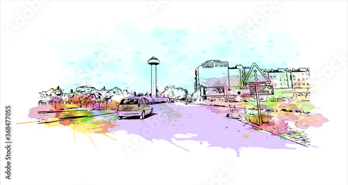 Building view with landmark of Albacete is a city and municipality in the Spanish autonomous community of Castilla–La Mancha. Watercolor splash with hand drawn sketch illustration in vector.