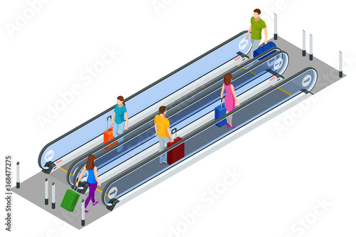 Isometric Escalator isolated on white background. People with luggage stand on the escalator at the airport or train station.
