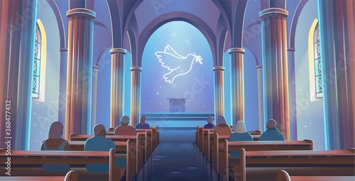 Cathedral Church view inside. Interior of Catholic Church with people and a dove of peace. Cartoon vector illustration