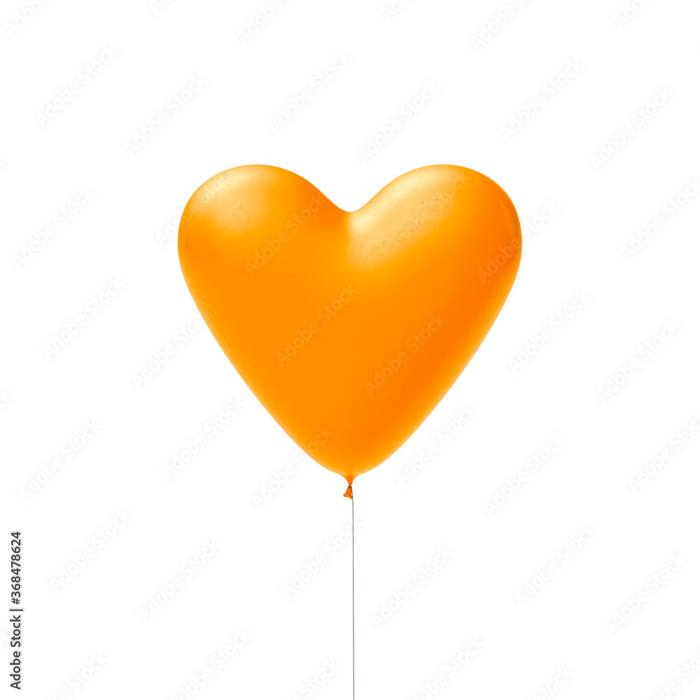 orange or yellow heart shaped balloon for lovers on a white background in studio, web banner or template, 3D rendering