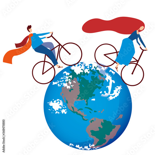 Cyclists and planet earth isolated on white background, flat vector stock illustration with man and woman on bike, bicycles in the world