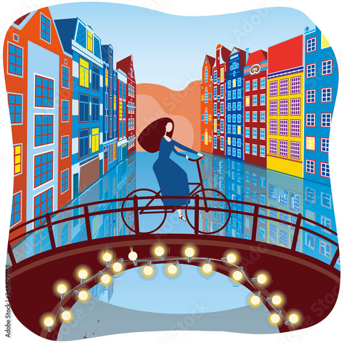 Girl on a bike on a bridge in old amsterdam or europe, flat vector stock illustration with woman cyclist, bicycle, gerland with lemps as a card or greeting