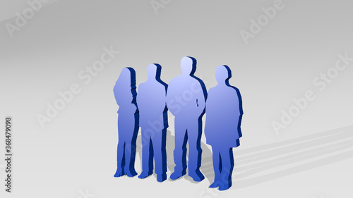 people together from a perspective on the wall. A thick sculpture made of metallic materials of 3D rendering. illustration and business