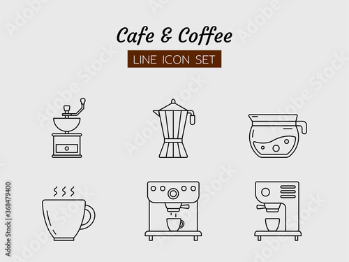 line icon symbol set, grinders machine coffee cafe set drink beverage, Moka pot, Isolated flat outline vector design